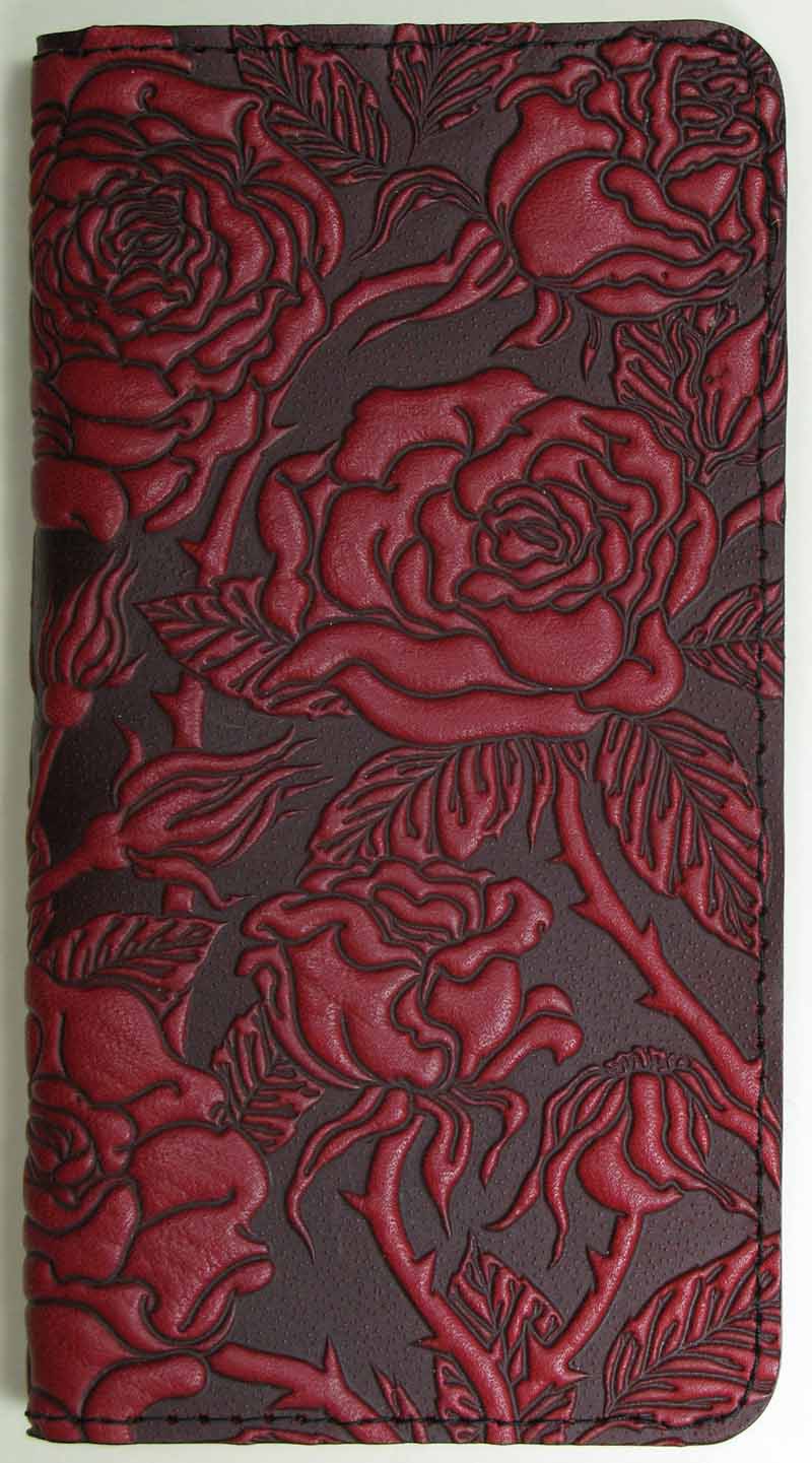 Leather Checkbook Cover - Wild Rose in Red